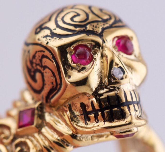 Antique Victorian Ring Gold Ornate Memento Mori Skull Black Enamel Diamond Ruby