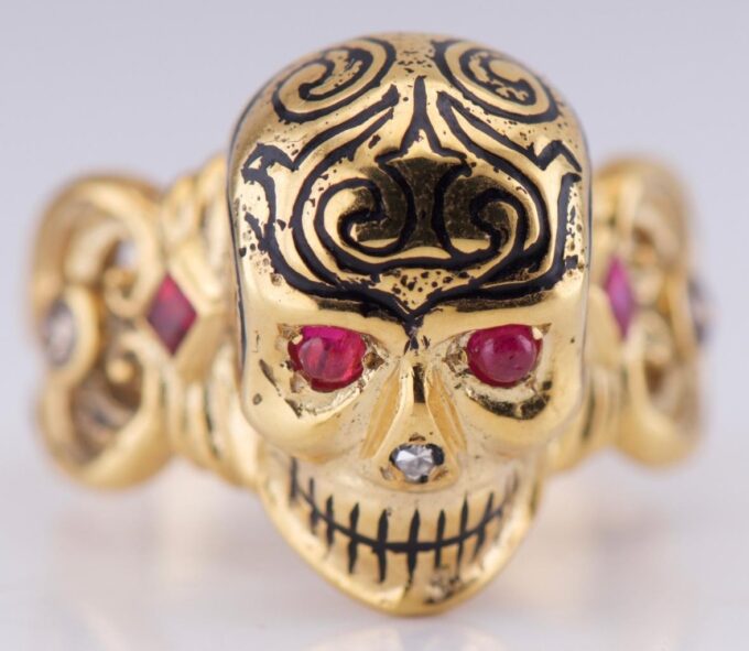 Antique Victorian Ring Gold Ornate Memento Mori Skull Black Enamel Diamond Ruby