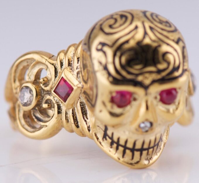 Antique Victorian Ring Gold Ornate Memento Mori Skull Black Enamel Diamond Ruby