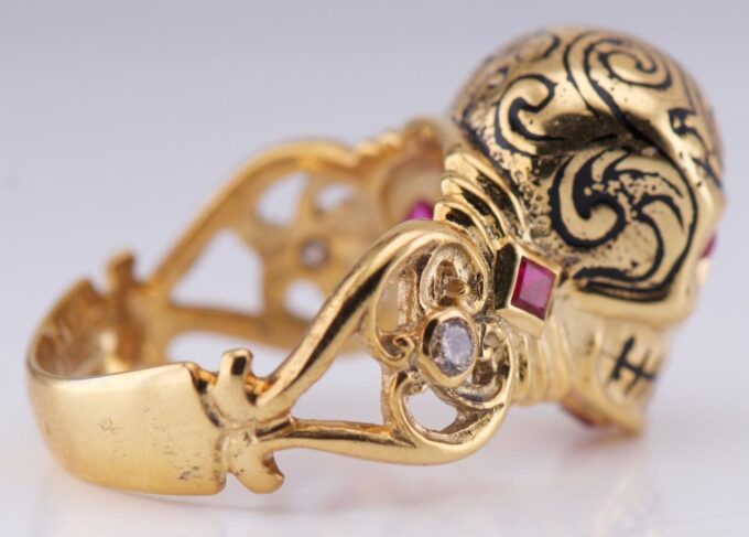 Antique Victorian Ring Gold Ornate Memento Mori Skull Black Enamel Diamond Ruby