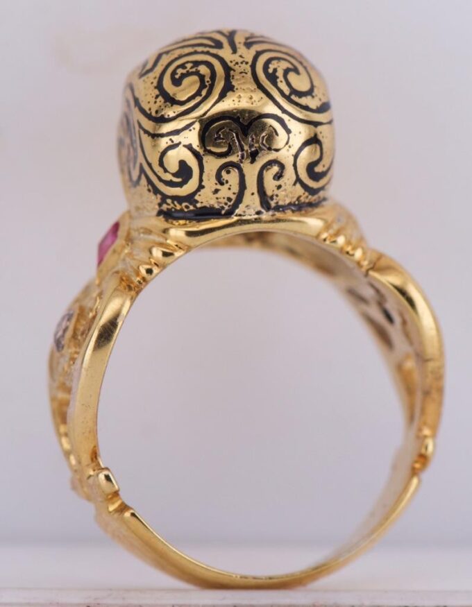 Antique Victorian Ring Gold Ornate Memento Mori Skull Black Enamel Diamond Ruby
