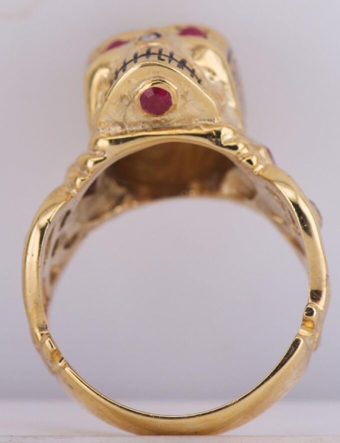 Antique Victorian Ring Gold Ornate Memento Mori Skull Black Enamel Diamond Ruby