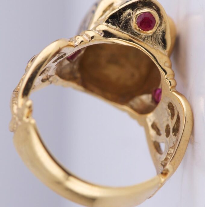 Antique Victorian Ring Gold Ornate Memento Mori Skull Black Enamel Diamond Ruby