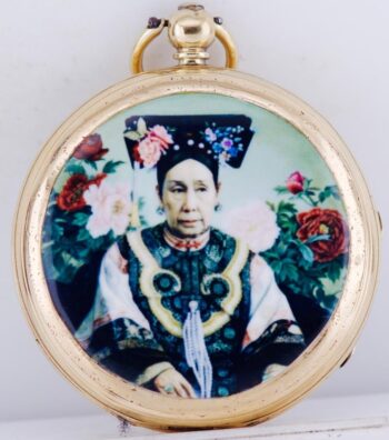 Antique Chinese Qing Dynasty Enamel 18k Gold Pocket Watch and Stand-Empress CiXi