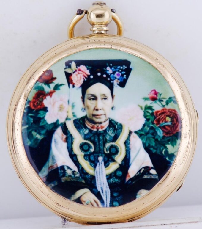 Antique Chinese Qing Dynasty Enamel 18k Gold Pocket Watch and Stand-Empress CiXi