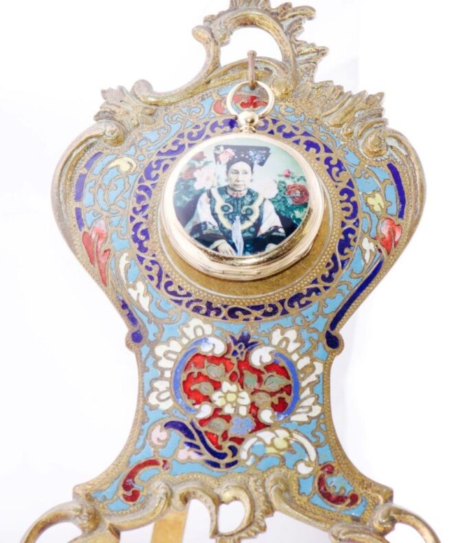 Antique Chinese Qing Dynasty Enamel 18k Gold Pocket Watch and Stand-Empress CiXi
