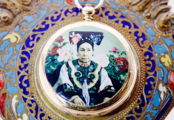Antique Chinese Qing Dynasty Enamel 18k Gold Pocket Watch and Stand-Empress CiXi