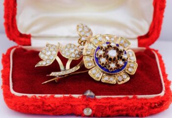 Antique Ottoman Flower Enamel Brooch 8k Gold 3ct Rose Cut Diamond c1860's