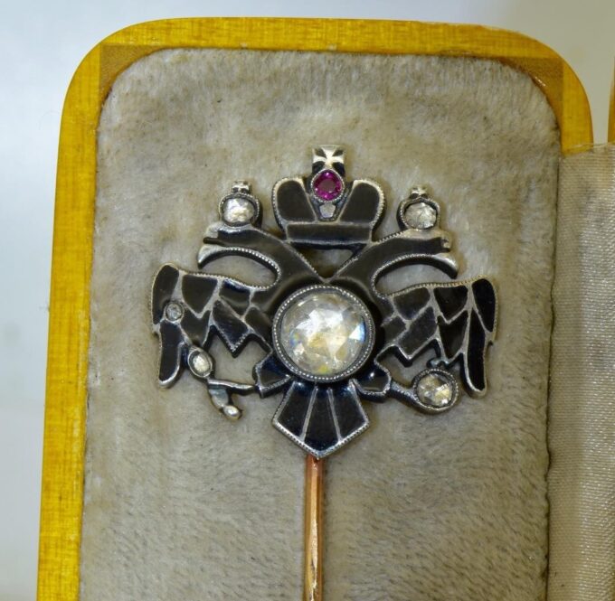 Antique Imperial Faberge Royal Presentation Lapel Pin 14K Gold Enamel Ruby c1890