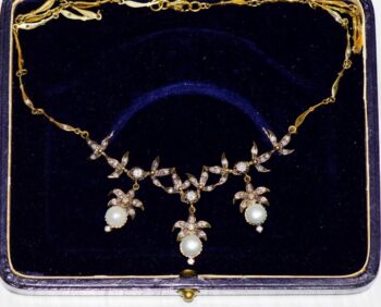 Antique Belle Epoque 18k Gold Diamond and Sea Pearls Necklace 16.5 Grams Heavy