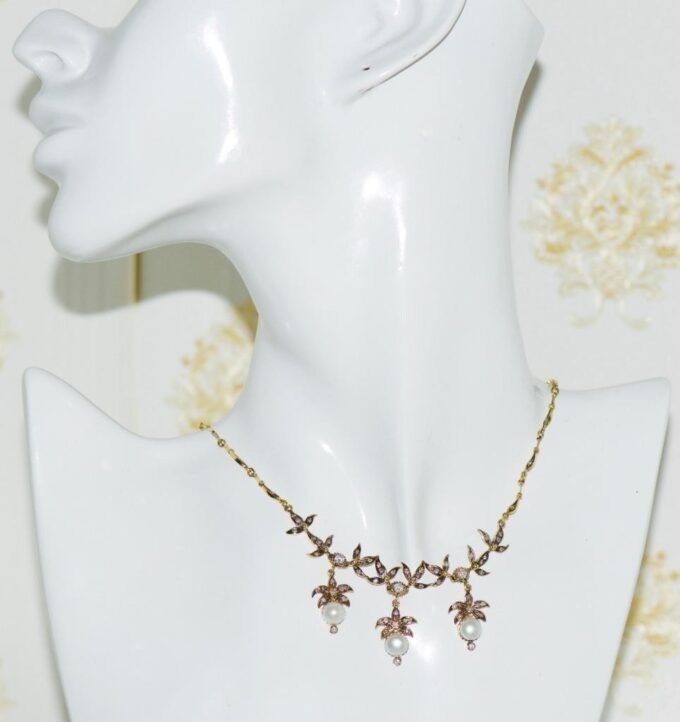 Antique Belle Epoque 18k Gold Diamond and Sea Pearls Necklace 16.5 Grams Heavy