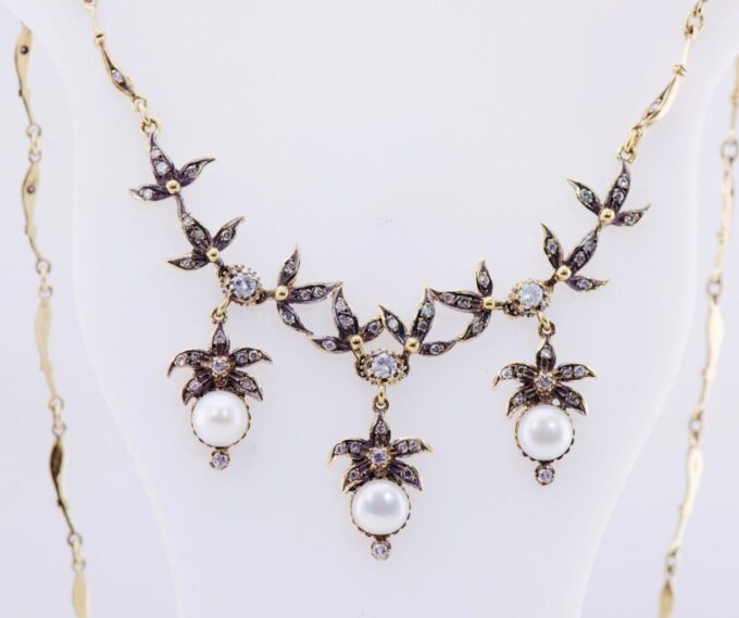 Antique Belle Epoque 18k Gold Diamond and Sea Pearls Necklace 16.5 Grams Heavy
