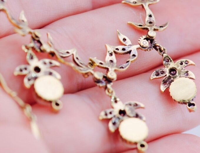 Antique Belle Epoque 18k Gold Diamond and Sea Pearls Necklace 16.5 Grams Heavy