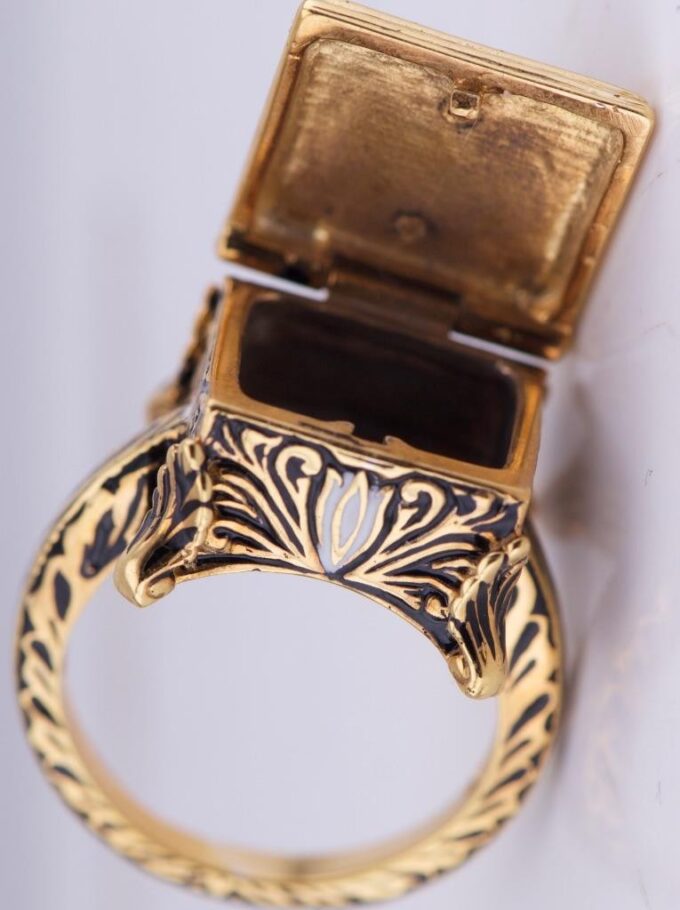 Antique Victorian CHEST Poison Skull Occultist Locket Ring Ornate Gold Enamel