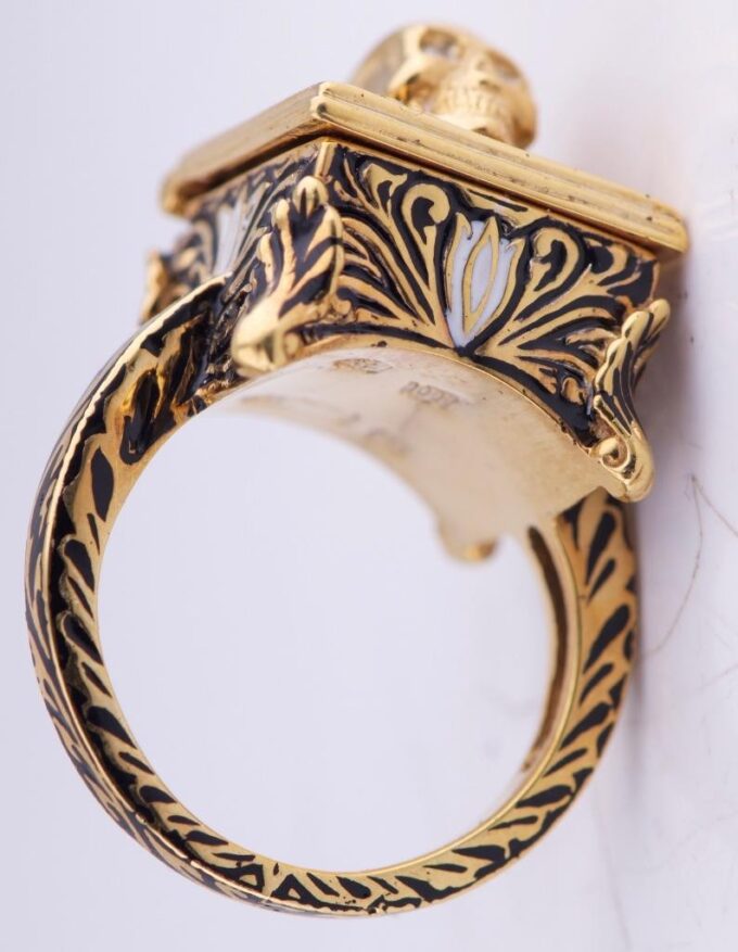 Antique Victorian CHEST Poison Skull Occultist Locket Ring Ornate Gold Enamel