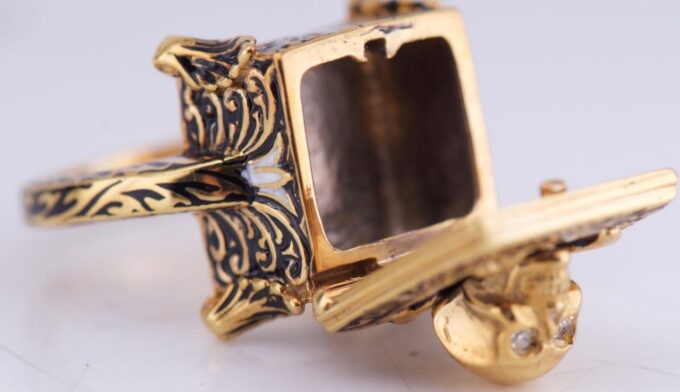 Antique Victorian CHEST Poison Skull Occultist Locket Ring Ornate Gold Enamel