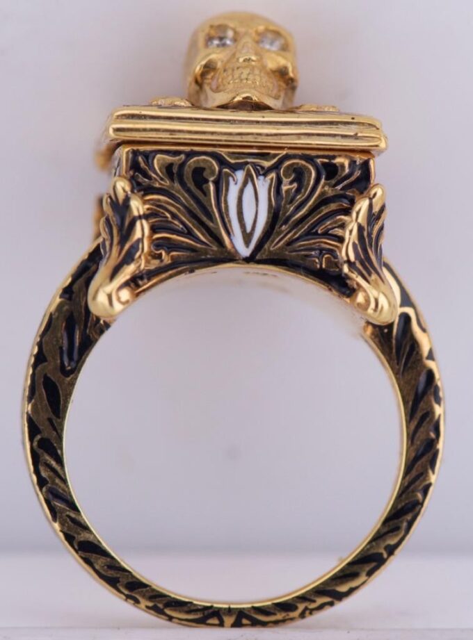 Antique Victorian CHEST Poison Skull Occultist Locket Ring Ornate Gold Enamel