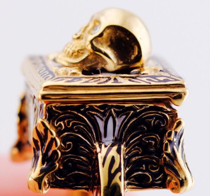 Antique Victorian CHEST Poison Skull Occultist Locket Ring Ornate Gold Enamel