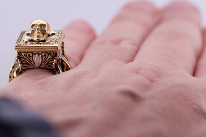 Antique Victorian CHEST Poison Skull Occultist Locket Ring Ornate Gold Enamel