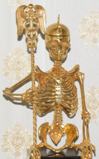 Antique French Verge Fusee Desk Clock Gilt Bronze Memento Mori Skull Skeleton