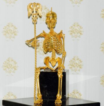 Antique French Verge Fusee Desk Clock Gilt Bronze Memento Mori Skull Skeleton