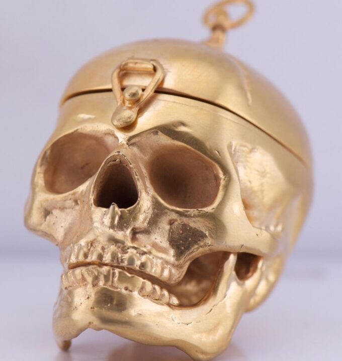 Antique French Verge Fusee Desk Clock Gilt Bronze Memento Mori Skull Skeleton
