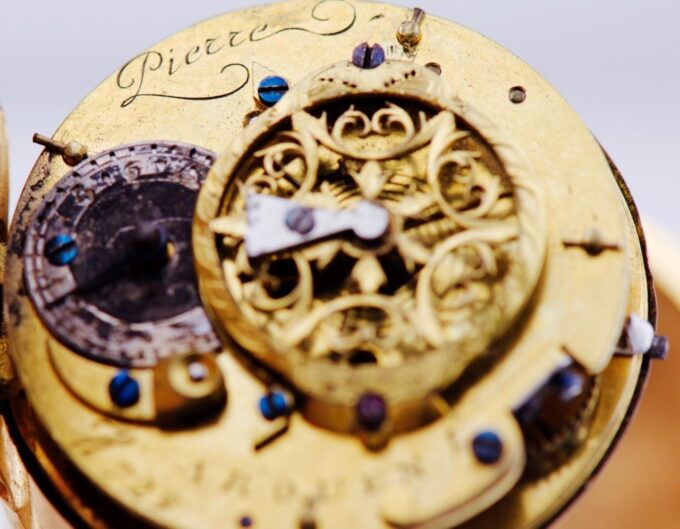 Antique French Verge Fusee Desk Clock Gilt Bronze Memento Mori Skull Skeleton