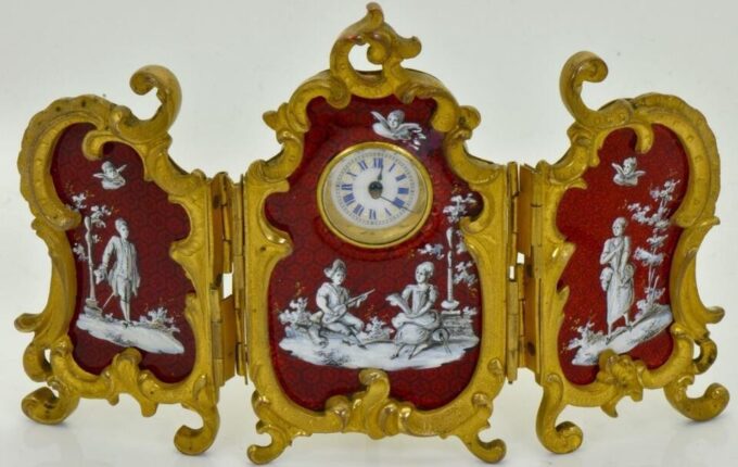 Rare Antique Screen Clock Chinese Qing Dynasty Gilt Bronze Enamel Miniature