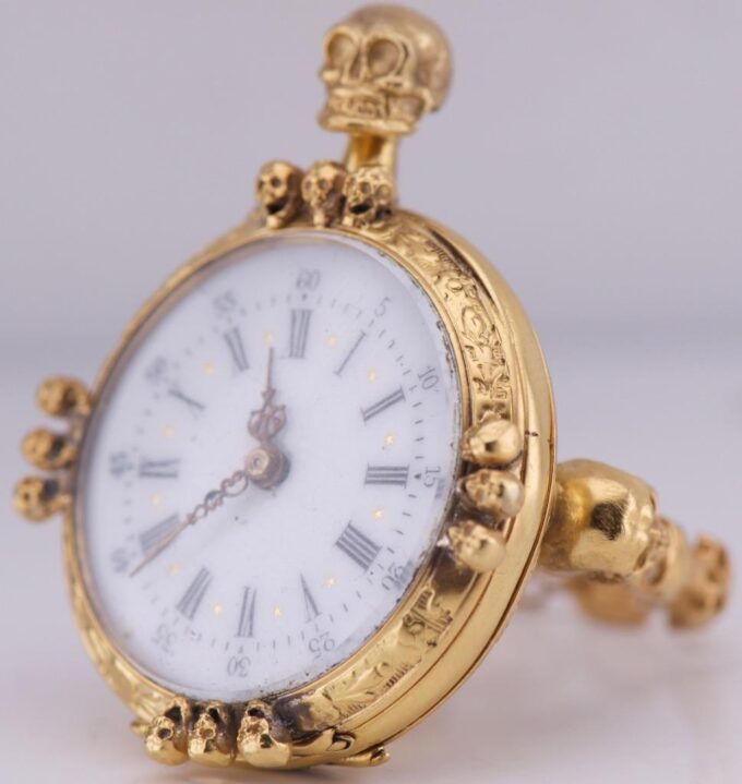 Antique Skull Ring Watch 18k Gilt Silver Engraved Case Ornate LeCoultre Caliber
