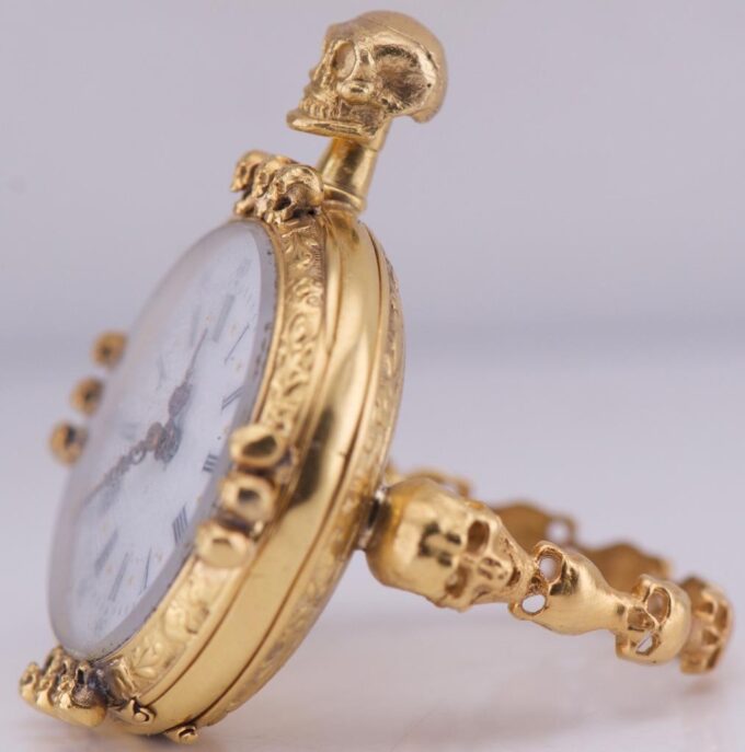 Antique Skull Ring Watch 18k Gilt Silver Engraved Case Ornate LeCoultre Caliber