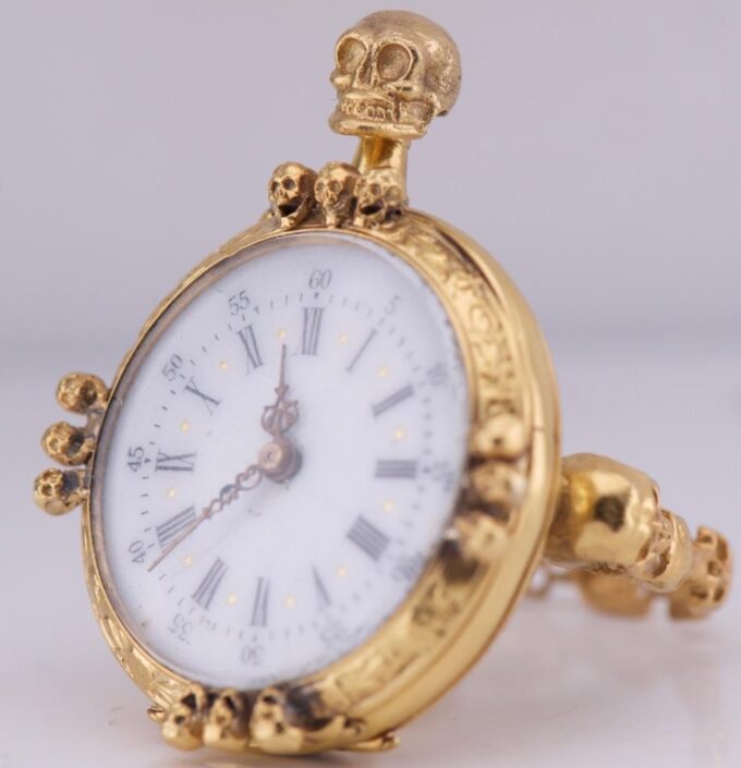 Antique Skull Ring Watch 18k Gilt Silver Engraved Case Ornate LeCoultre Caliber