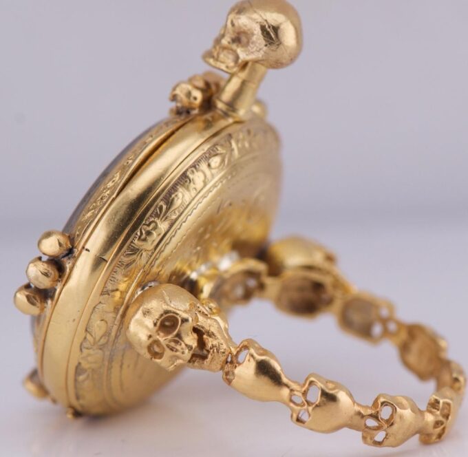Antique Skull Ring Watch 18k Gilt Silver Engraved Case Ornate LeCoultre Caliber