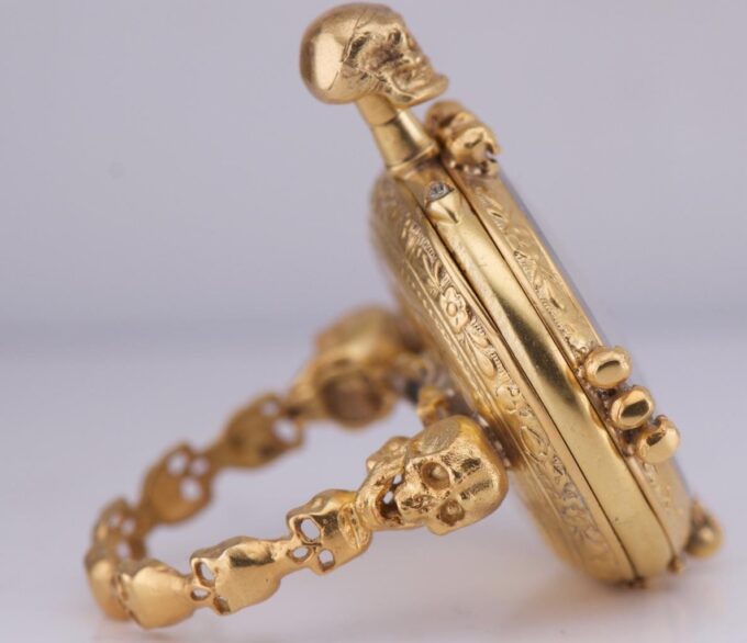 Antique Skull Ring Watch 18k Gilt Silver Engraved Case Ornate LeCoultre Caliber