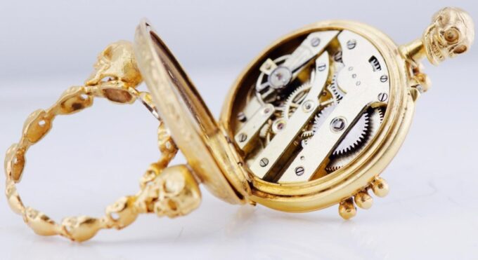 Antique Skull Ring Watch 18k Gilt Silver Engraved Case Ornate LeCoultre Caliber