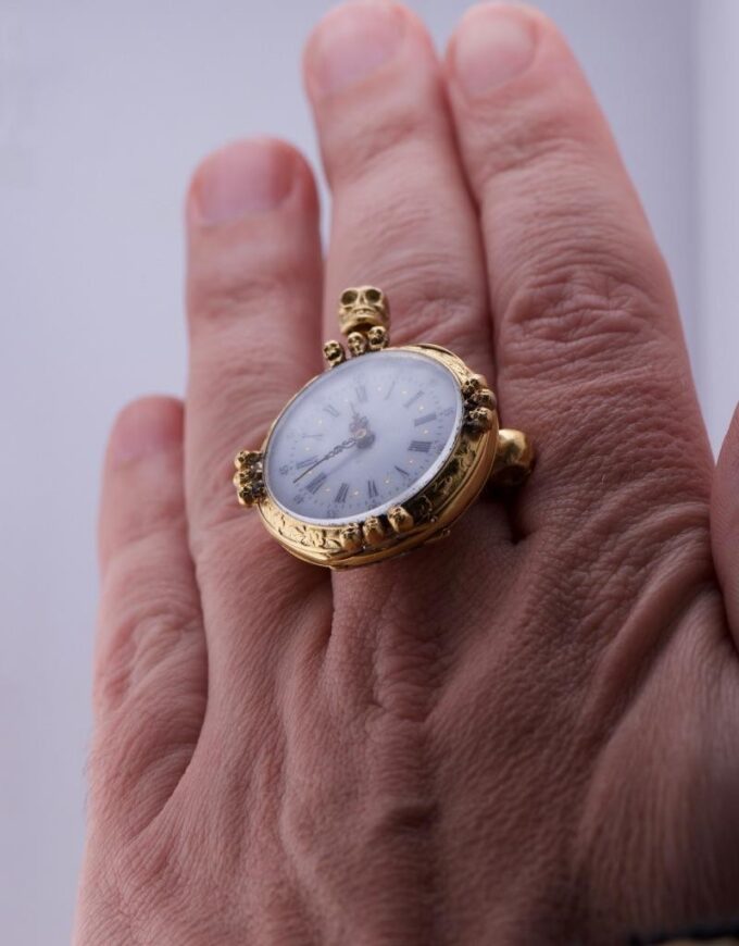 Antique Skull Ring Watch 18k Gilt Silver Engraved Case Ornate LeCoultre Caliber