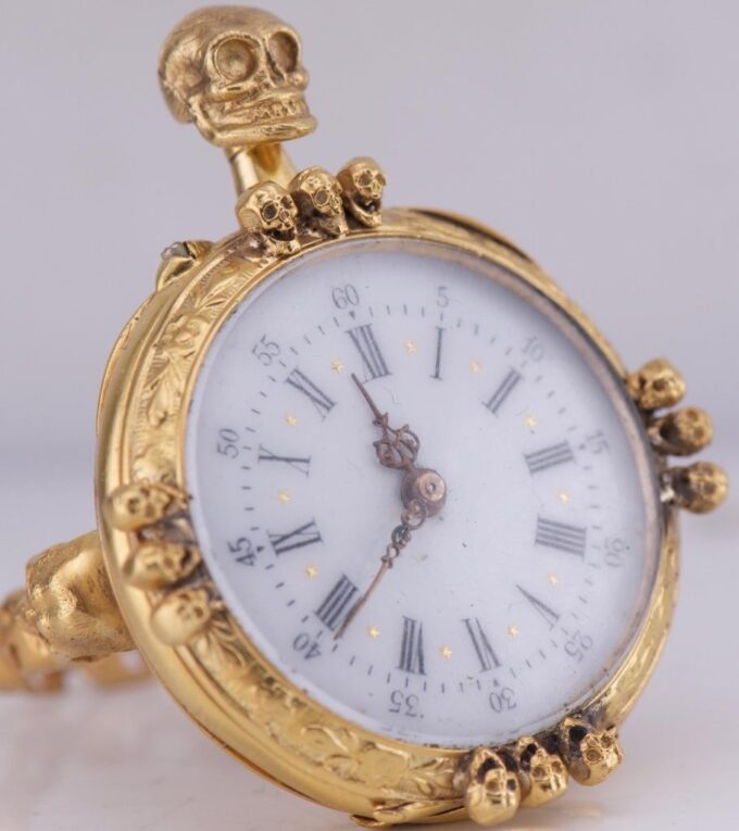 Antique Skull Ring Watch 18k Gilt Silver Engraved Case Ornate LeCoultre Caliber