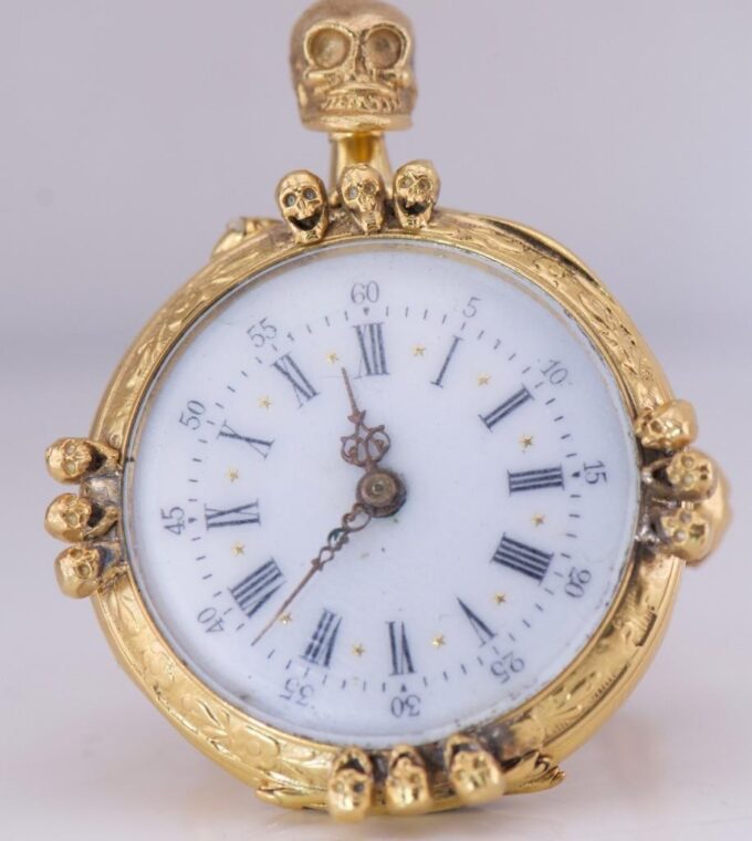 Antique Skull Ring Watch 18k Gilt Silver Engraved Case Ornate LeCoultre Caliber