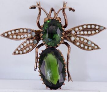 Antique Victorian Fly Brooch Scarf Clip Gilt Silver Demantoid and Pearls c1860's