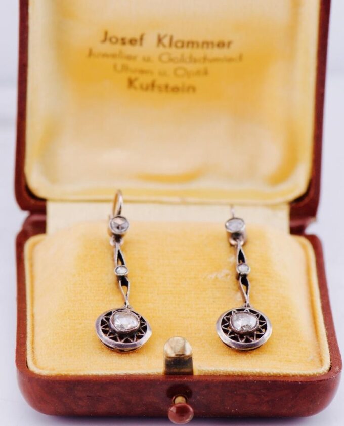 Antique Victorian Earrings Set Gold and Rose Cut Diamond c1880's Boxed
