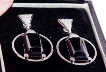 Antique Boucheron Earrings Set 18k White Gold 3ct Diamond Onyx French Art-Deco
