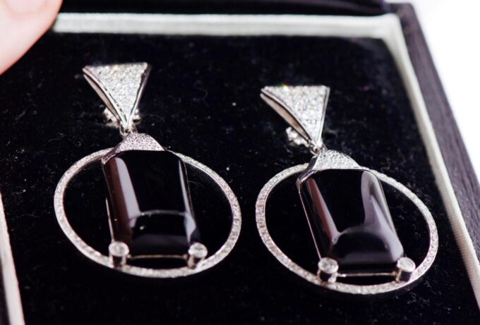 Antique Boucheron Earrings Set 18k White Gold 3ct Diamond Onyx French Art-Deco