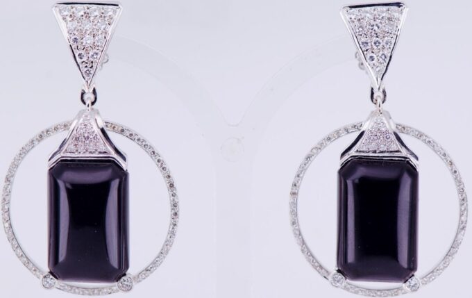 Antique Boucheron Earrings Set 18k White Gold 3ct Diamond Onyx French Art-Deco