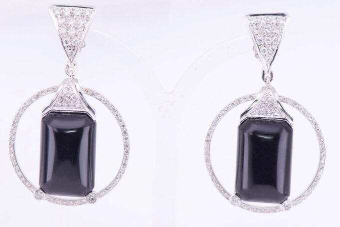 Antique Boucheron Earrings Set 18k White Gold 3ct Diamond Onyx French Art-Deco