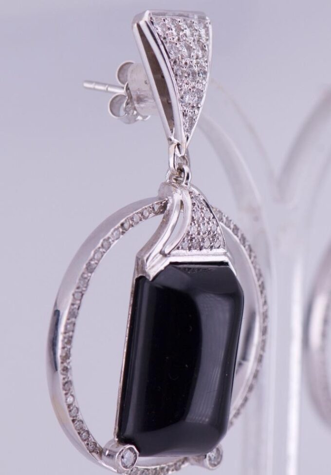 Antique Boucheron Earrings Set 18k White Gold 3ct Diamond Onyx French Art-Deco