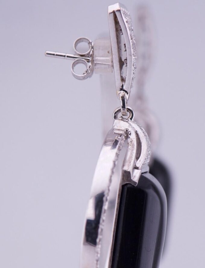 Antique Boucheron Earrings Set 18k White Gold 3ct Diamond Onyx French Art-Deco