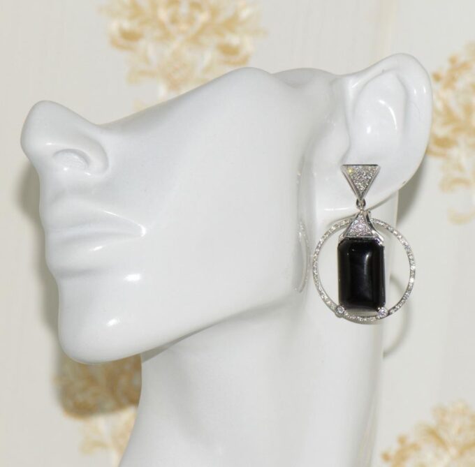 Antique Boucheron Earrings Set 18k White Gold 3ct Diamond Onyx French Art-Deco