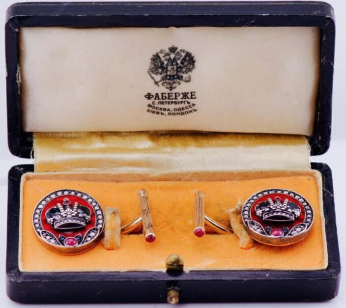 Antique Faberge Royal Cufflinks 14k Gold Enamel Award by Tsar Nicholas II c1896