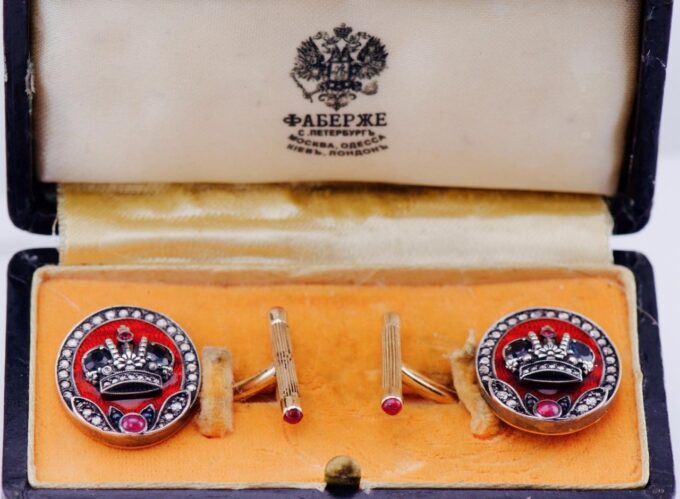 Antique Faberge Royal Cufflinks 14k Gold Enamel Award by Tsar Nicholas II c1896