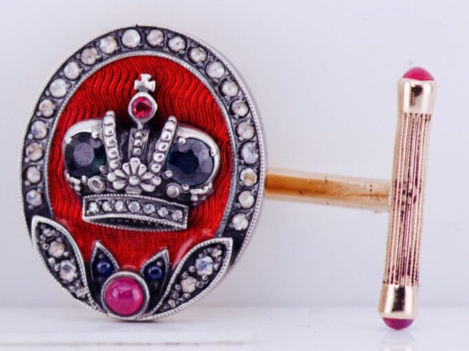 Antique Faberge Royal Cufflinks 14k Gold Enamel Award by Tsar Nicholas II c1896