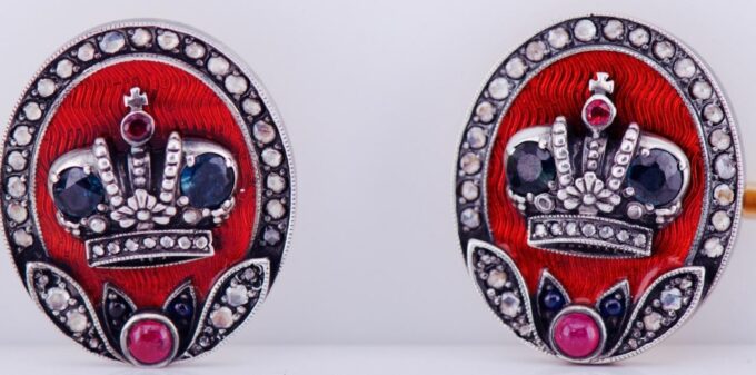 Antique Faberge Royal Cufflinks 14k Gold Enamel Award by Tsar Nicholas II c1896